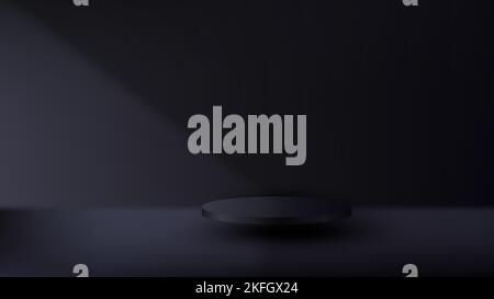 3D realistic black pedestal podium floating in air on dark scene studio room background. you can use for minimal product display, mockup products pres Stock Vector