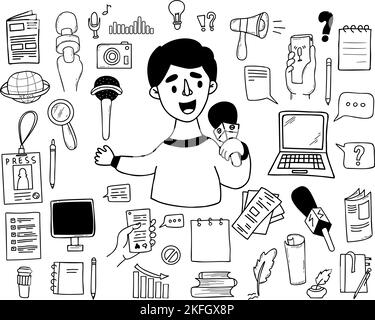 collection journalism vector doodles. Male journalist reporter presenter with microphone, hands with voice recorder, broadcast recording, laptop Stock Vector