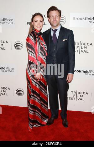 Actress Olivia Wilde and Jason Sudekis attend the world premiere of 'Tumbledown' during the 2015 Tribeca Film Festival at BMCC Tribeca PAC on April 18 Stock Photo