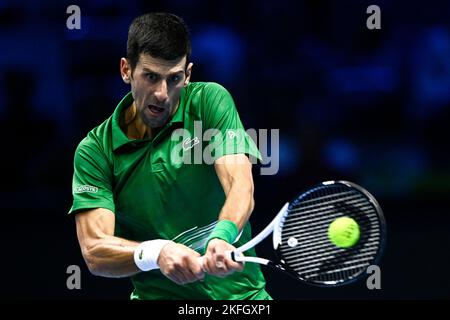 Turin, Italy. 18 November 2022. Novak Djokovic of Serbia plays a backhand shot during his round robin match against Daniil Medvedev of Russia during day six of the Nitto ATP Finals. Novak Djokovic won the match 6-3, 6-7(5), 7-6(2). Credit: Nicolò Campo/Alamy Live News Stock Photo