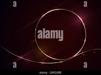 Abstract golden circles lines frame with lighting effect and gold glitter on red background luxury style. Vector illustration Stock Vector