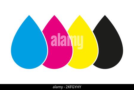 Cmyk print icon. Four drops in cmyk colors symbols. Cyan, magenta, yellow, key, black drops isolated on white background Stock Vector