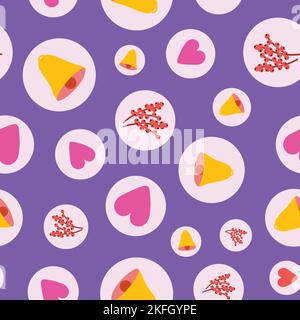 Christmas symbols in colourful bubbles on lilac background. Christmas and new year seamless pattern. Stock Vector