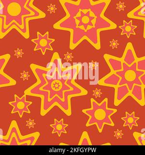 Yellow stylized star pattern on red background. Christmas and new year seamless pattern. Stock Vector