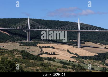 The Millau Viaduct,Millau Viaduct, is a, multispan, cable-stayed, bridge, completed in 2004 across the, gorge, valley of the Tarn, near, Millau, in the, Aveyron, department, in the, Occitanie, Region, in, Southern France.South of France,France,French,Europe,European,A75 autoroute, Stock Photo