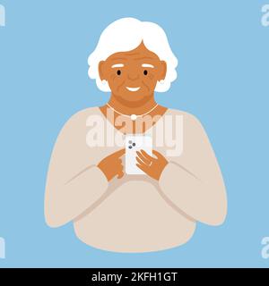 Elderly modern woman looks into the smartphone. Flat illustration for print, design, stickers and poster template Stock Vector