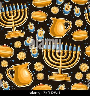 Vector Hanukkah seamless pattern, repeating background with illustrations of candle holder, 4 dreidel, sweet sufganiyot and gelt with star of David on Stock Vector
