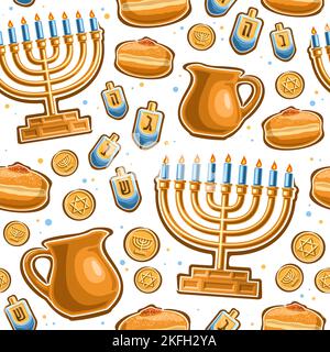 Vector Hanukkah seamless pattern, square repeating background with illustrations of gold candle holder, four dreidel, sweet sufganiyot and token gelt Stock Vector