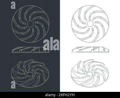 Stylized vector illustration of blueprints of pump impeller blueprints Stock Vector