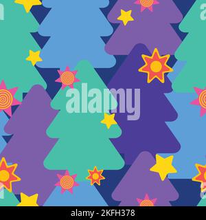 Colourful fir or pine tree pattern decorated with stars. Christmas and new year seamless pattern. Stock Vector