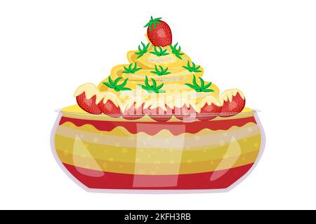 Panna cotta. Sweet dessert with strawberries, mint and cream in glass. Pudding, cake, pastry or fruit parfait with fresh berries and jam layer. Vector Stock Vector