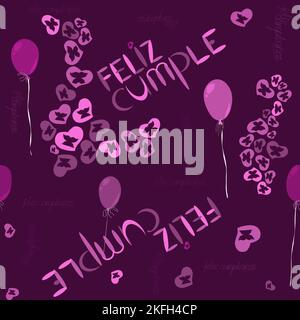 seamless pattern with pink hearts and balloons without a background, with the inscription happy birthday in Spanish Stock Vector