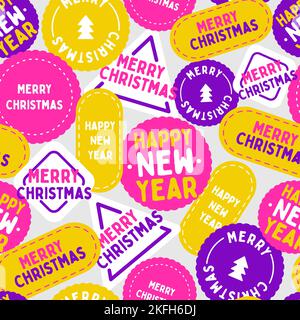 For christmas presents. Different shaped labels with text. Seamless colorful pattern. Modern style, design for textiles, gift wrapping Stock Vector