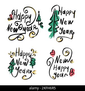 Set of calligraphic lettering Merry Christmas. Beautiful black font with swirls and colored elements. Design template for invitations, postcards Stock Vector