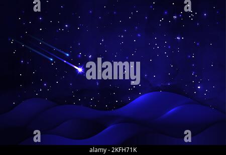 Falling stars background, shooting star landscape with dark blue starry night sky, dunes scenery in Christmas night for the birth of Jesus Christ Stock Vector