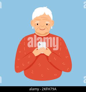Elderly modern woman looks into the smartphone. Flat illustration for print, design, stickers and poster template Stock Vector