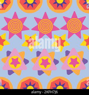 Colourful stylized stars in a row. Striped Christmas and new year seamless pattern. Stock Vector