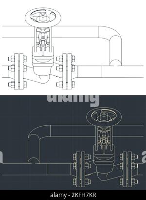 Stylized vector illustration of isometric blueprints of bypass steam valve close-up Stock Vector