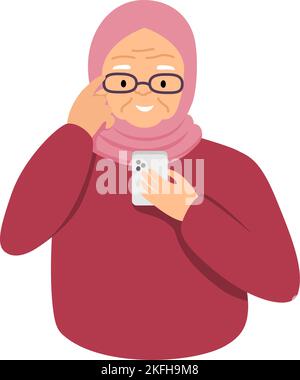 Elderly modern woman looks into the smartphone. Flat illustration for print, design, stickers and poster template Stock Vector