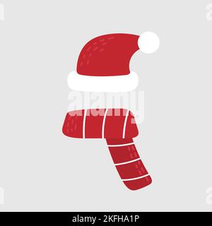 Red scarf and hat of Santa Claus. Simple hand drawn icon for Crtistmas card design Stock Vector