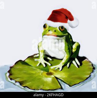 Green pond frog wearing a Christmas hat and sitting on water lily leaf Stock Photo