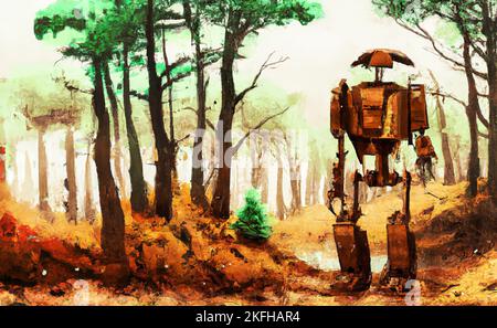 Rusty robot wandering around forest in a wasteland Stock Photo