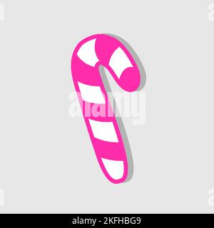 Cute Christmas candy cane - vector icon in pink color. Striped candy isolated on grey background. Minimalist sticker Stock Vector