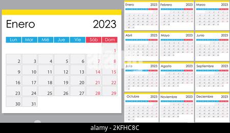 Calendar 2023 in Spanish language, week starts on Monday. Vector ...