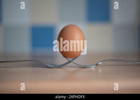 Abstract photo of boiled egg balanced on two forks on wooden worktop with blurred tiled background. Stock Photo