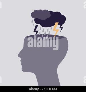 Dark clouds and rain in human head. Concept of depression, mental illness,  stress. Stock Vector