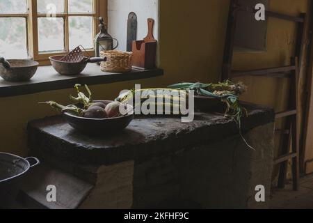 Vegetables on Rustic Table, Beamish, Northumberland Stock Photo