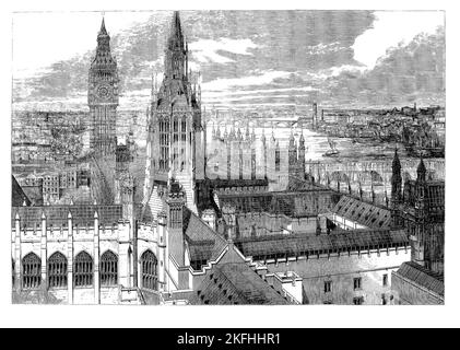 A birds eye view of the Houses of Parliament, AKA the Palace of Westminster, on the left bank of the River Thames in the borough of Westminster, London, England. After it was destroyed by fire in 1834, Sir Charles Barry, assisted by Augustus Pugin, designed the present buildings in the Gothic Revival style. Construction was begun in 1837 and finished in 1860 when the drawing was created. Stock Photo