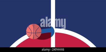 Basketball ball standing on white line on blue background Stock Vector