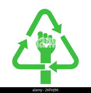 Recycle symbol and raised fist - Green revolution for climate, ecology and environment sustainability. Environmentalist activism and protest. Vector i Stock Photo