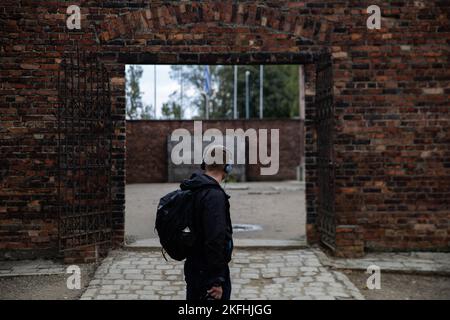 A tourist stands in front of the infamous “death wall” at the memorial and museum at Auschwitz-Birkenau in Oświęcim, Poland, Sept. 16, 2022. In the courtyard between blocks 10 and 11, thousands of men and women were forced to strip before being executed here by firing squad. Stock Photo