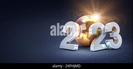 Happy New Year 2023 greeting card : silvery date numbers with a gold earth globe, shining on a black background - 3D illustration Stock Photo