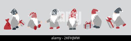 A set of cute little gnomes in hats with gifts. Vector isolated clipart. It can be used as a design element. Stock Vector