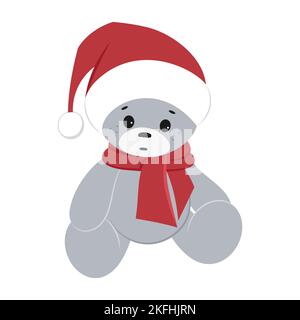 A sitting teddy bear in a Santa Claus hat. Christmas vector clipart. Stock Vector
