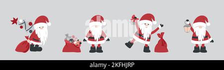 A set of cartoon Santa Claus for Christmas greeting cards and invitations. Vector illustration in doodle style. A design element. Stock Vector