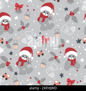 Cute Christmas pattern with teddy bears in Santa hats, Christmas bells and toys Seamless pattern. Stock Vector