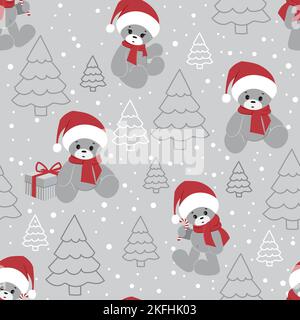 Cute Christmas pattern with teddy bears in Santa hats, Christmas trees and gifts. Seamless vector pattern. It is well suited for wrapping paper. Stock Vector