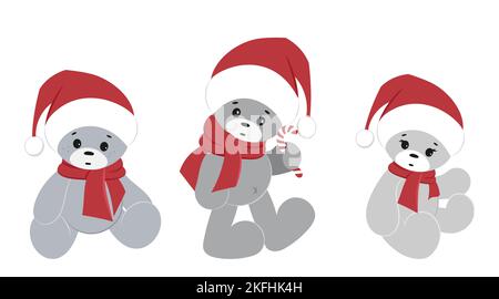 A set of teddy bears in a Santa Claus hat with a lollipop in their paws isolated on a white background. Christmas vector clipart. Stock Vector