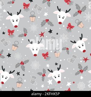 Cute Christmas pattern with Santa's white reindeer, Christmas bells and toys. Seamless pattern. Stock Vector