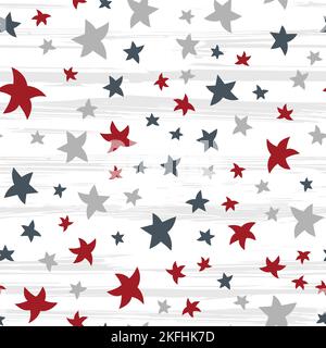 Multicolored stars on a light background with gray brush strokes. Seamless pattern for wrapping paper and textiles. Stock Vector