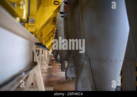 External aircraft fuel tanks are arranged on the vertical tank storage system in an 18th Component Maintenance Squadron fuels building at Kadena Air Base, Japan, Sept. 16, 2022. The high-density storage system requires approximately 88 percent less space per tank than horizontal storage. Stock Photo