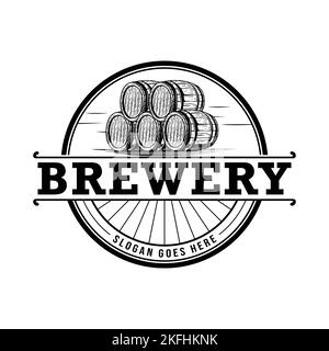 Vintage brewery logo template with beer wooden barrel isolated vector illustration Stock Vector