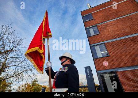 red plaque in memory of John Johnson Hunt who lost his life in service in 1909 in Sale Gtr Manchester Stock Photo