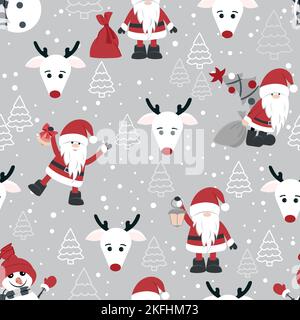 Cute Christmas pattern with Santa Claus, Christmas trees and reindeer. Seamless vector pattern. Suitable for textiles and wrapping paper. Stock Vector
