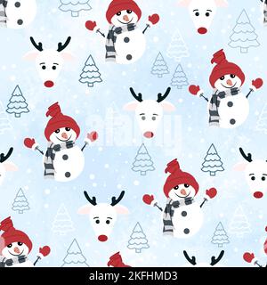 Funny snowmen in red hats and reindeer on a winter watercolor background. Christmas seamless pattern for wrapping paper and greeting cards. Stock Vector