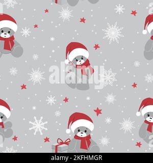 Cute Christmas pattern with teddy bears in Santa hats and snowflakes. Seamless vector pattern. It is well suited for wrapping paper. Stock Vector